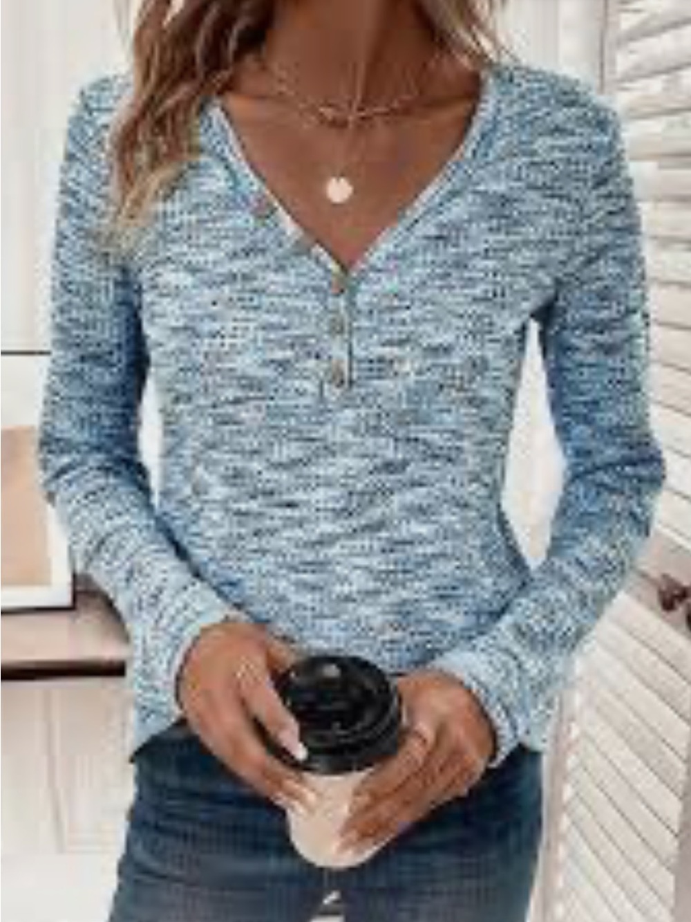 Sundance Marled Blue Ribbed V-Neck Long Sleeve cotton viscose blend Top. L